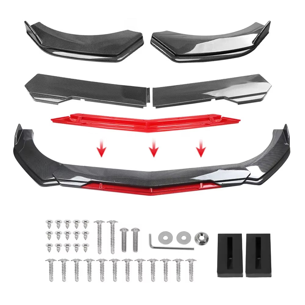 Sharp Gloss Black Red Tongue Front Bumper Lip Chin Spoiler Splitter Diffuser Body Kit Trim Air Dam Protector Universal Most Car