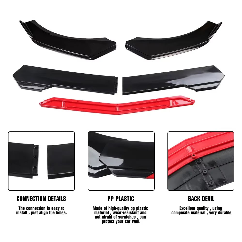 Sharp Gloss Black Red Tongue Front Bumper Lip Chin Spoiler Splitter Diffuser Body Kit Trim Air Dam Protector Universal Most Car
