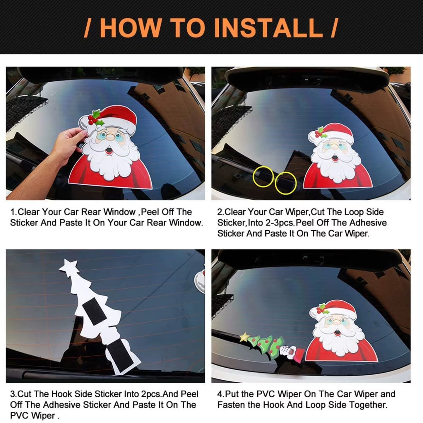 Car Window Wiper Sticker Xmas Santa Claus Cartoon Rear Windshield Window Waving Stickers Decals Car Christmas Accessories