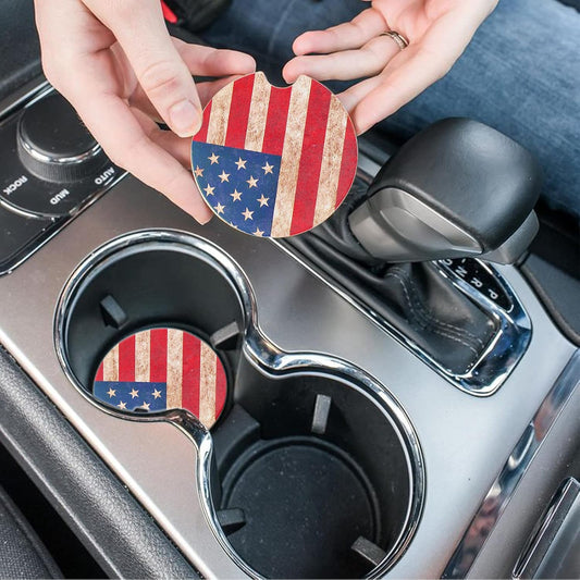 Car Coasters 2 Pack, Small 2.56" Stone Car Cupholder Absorbent Coaster Set for Women Men Drink Cup Holder Coasters (USA Flag)