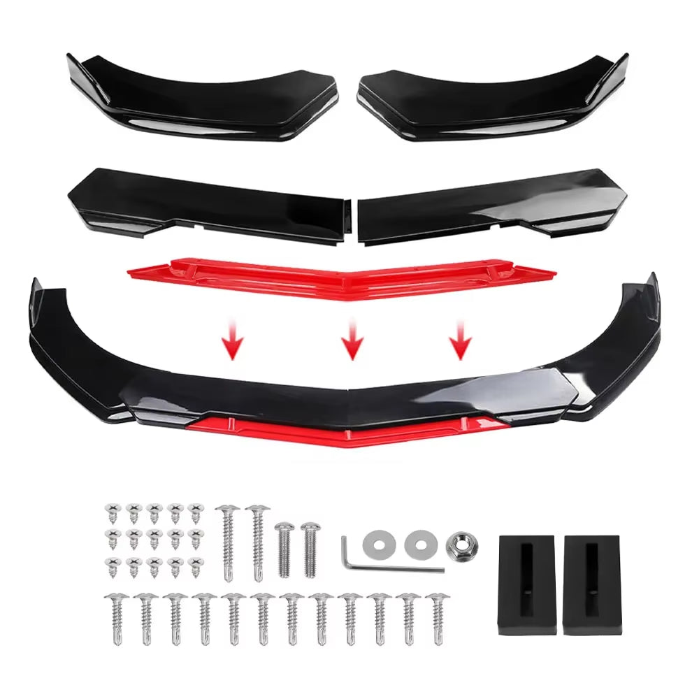 Sharp Gloss Black Red Tongue Front Bumper Lip Chin Spoiler Splitter Diffuser Body Kit Trim Air Dam Protector Universal Most Car