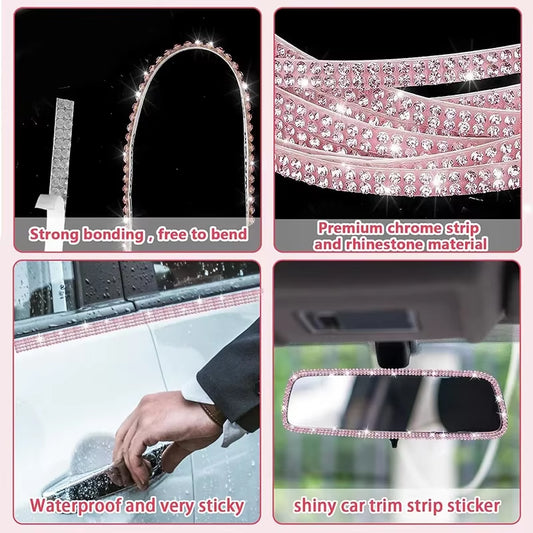 Pink Bling Car Trim Self-Adhesive 16.4Ft Rhinestone Car Interior Accessories for Women Car Crystal Door Stickers Car Dashboard D
