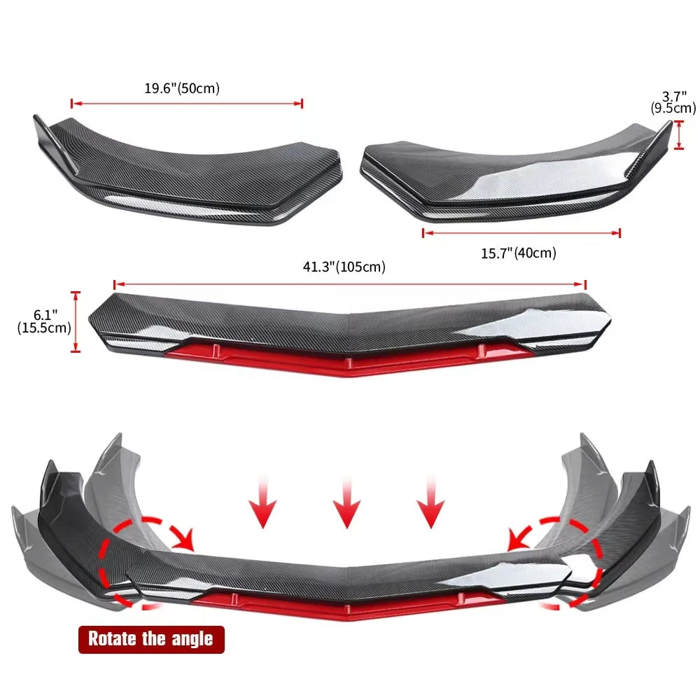 Sharp Gloss Black Red Tongue Front Bumper Lip Chin Spoiler Splitter Diffuser Body Kit Trim Air Dam Protector Universal Most Car