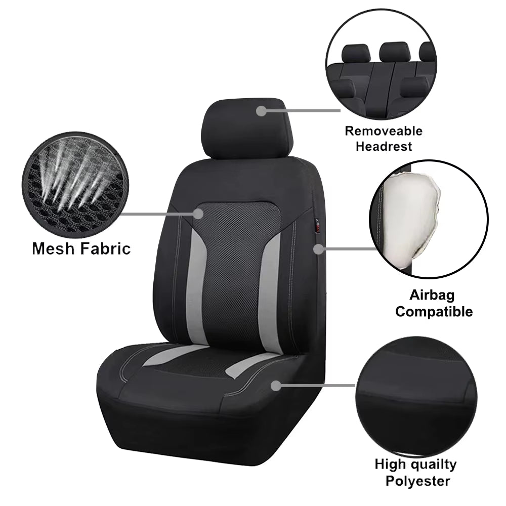 Universal Gray Mesh Seat Covers for Car with 3 Zipper Rear Seat Split Airbag Compatible Fit for Most Car SUV Truck VAN