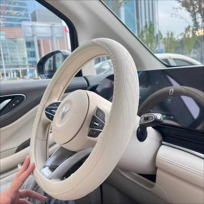 Napa Leather Perforated Patchwork Car Steering Wheel Cover, Non-Slip, Breathable, Universal 15 Inch (Approx. 38.1Cm)