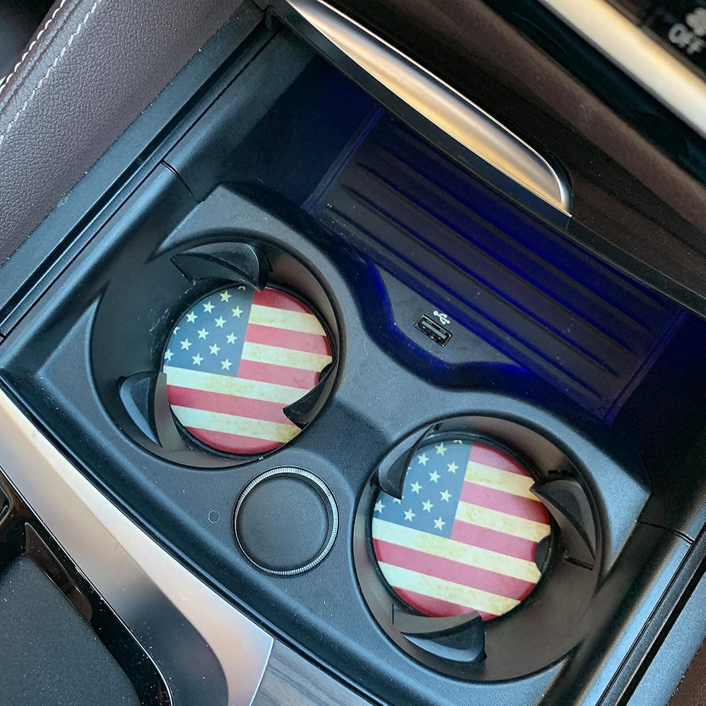 Car Coasters 2 Pack, Small 2.56" Stone Car Cupholder Absorbent Coaster Set for Women Men Drink Cup Holder Coasters (USA Flag)