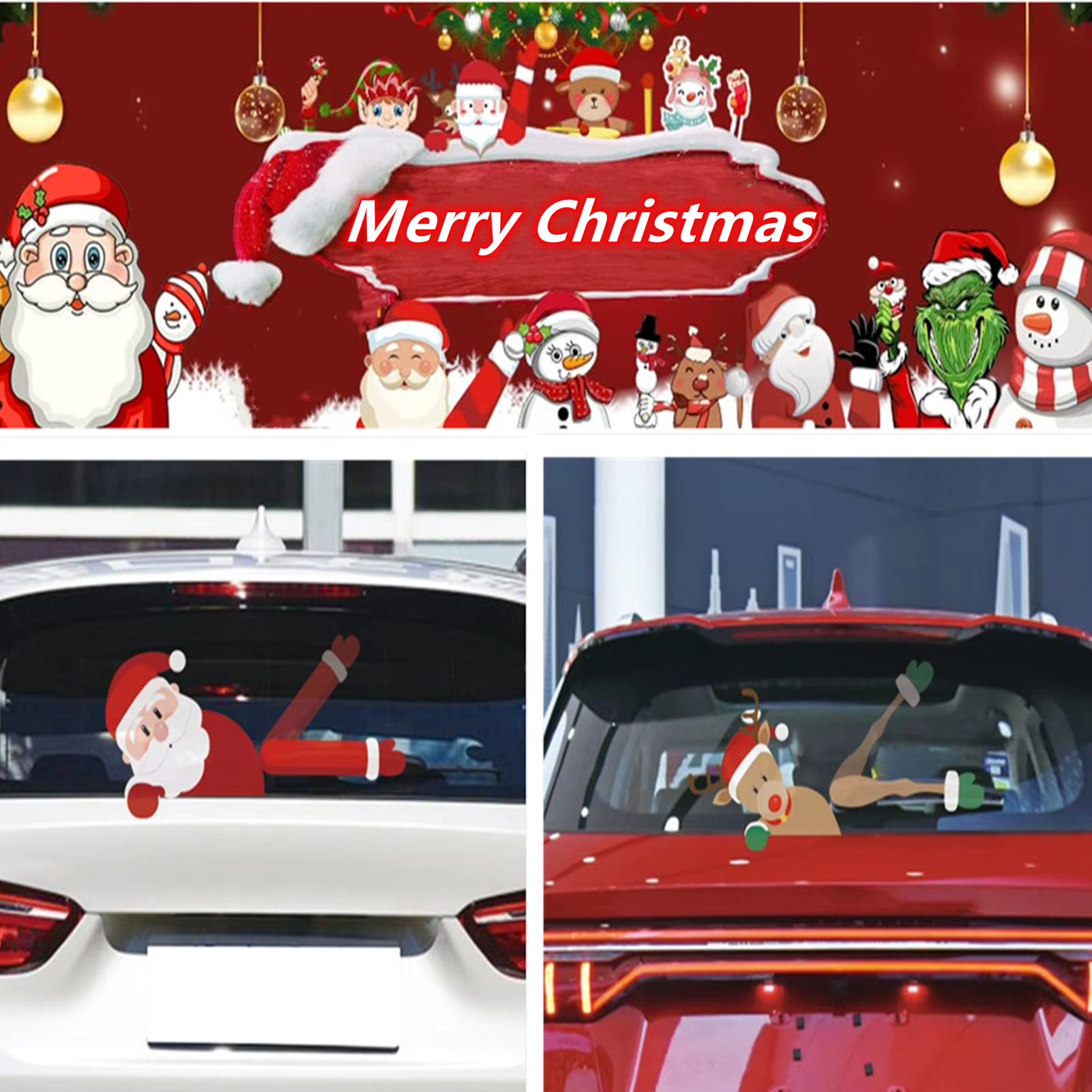 Car Window Wiper Sticker Xmas Santa Claus Cartoon Rear Windshield Window Waving Stickers Decals Car Christmas Accessories
