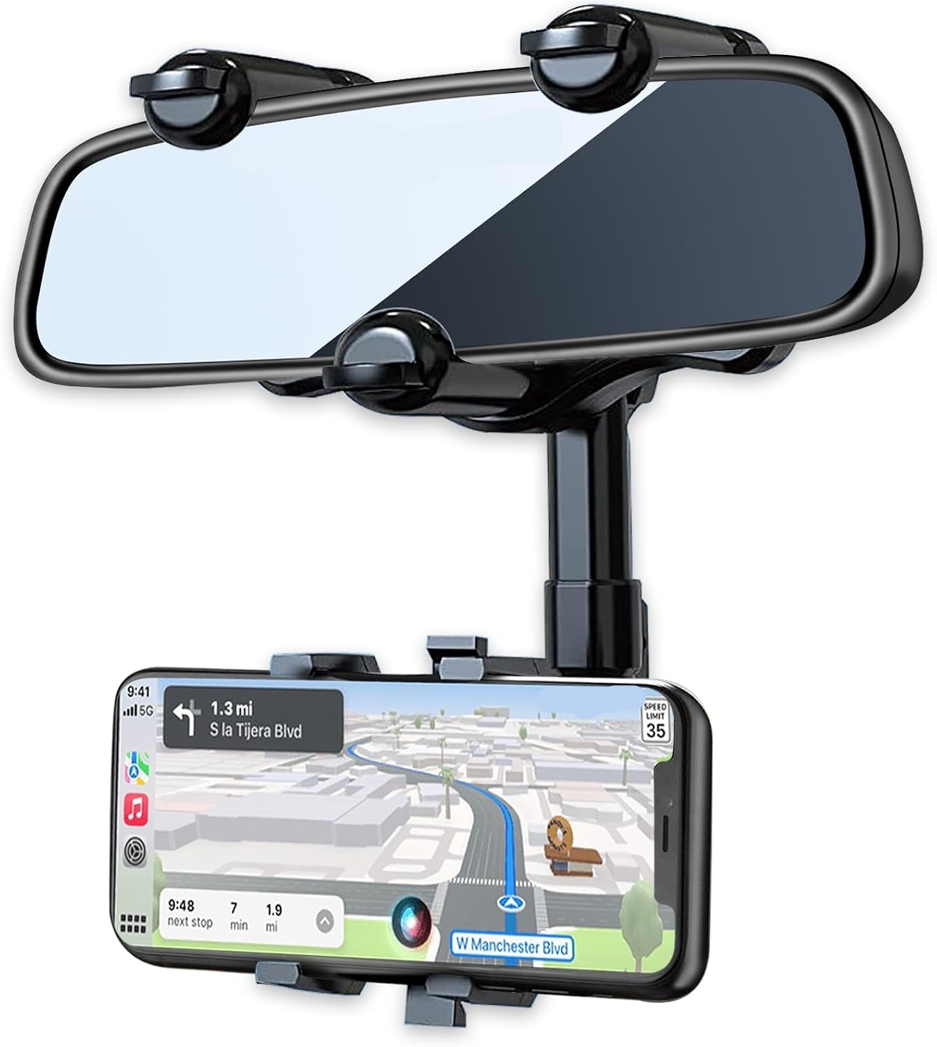 Rearview Mirror Phone Holder for Car, 360° Rotating Rear View Mount with Adjustable Arm Length, Multifunctional and GPS Universal Car All Smartphones