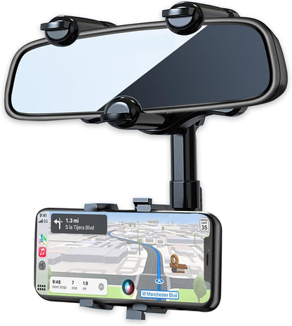 Rearview Mirror Phone Holder for Car, 360° Rotating Rear View Mount with Adjustable Arm Length, Multifunctional and GPS Universal Car All Smartphones
