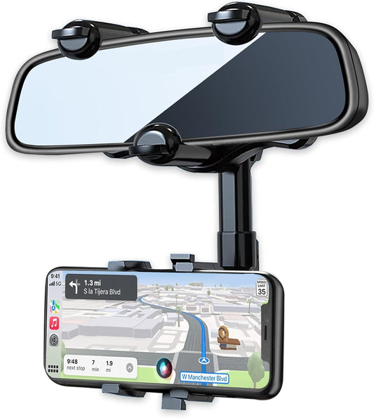 Rearview Mirror Phone Holder for Car, 360° Rotating Rear View Mount with Adjustable Arm Length, Multifunctional and GPS Universal Car All Smartphones