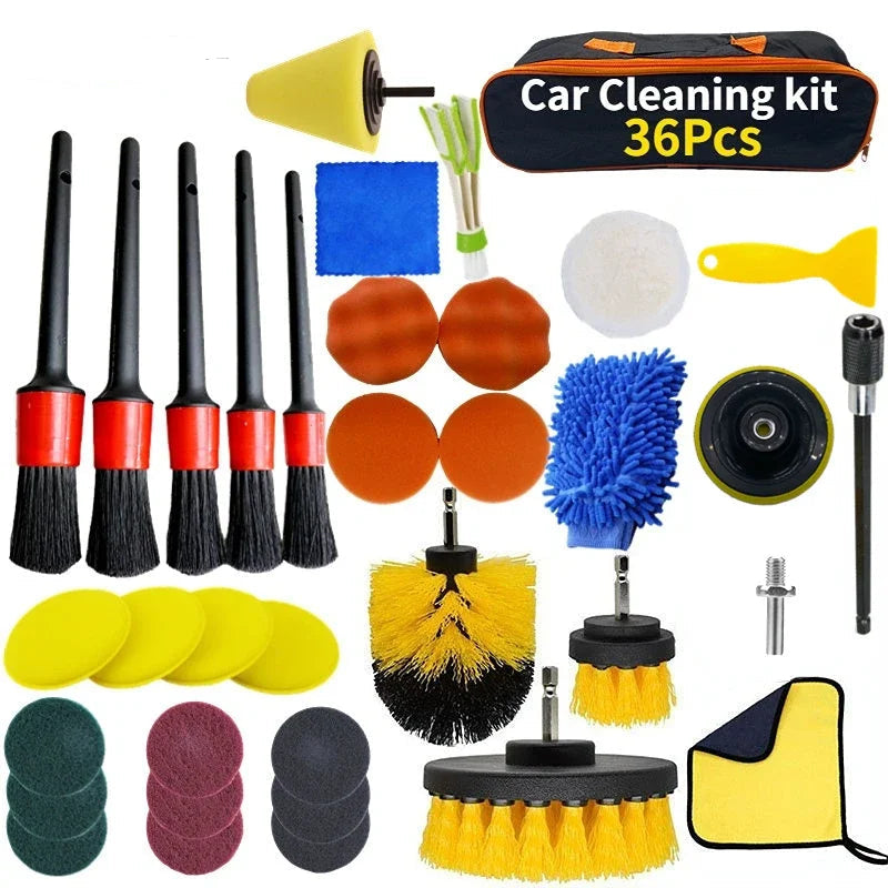 ZOPOSON New Car Cleaning Kit Scrubber Drill Detailing Brush Set Air Conditioner Vents Towel Polisher Car Auto Detailing Tools