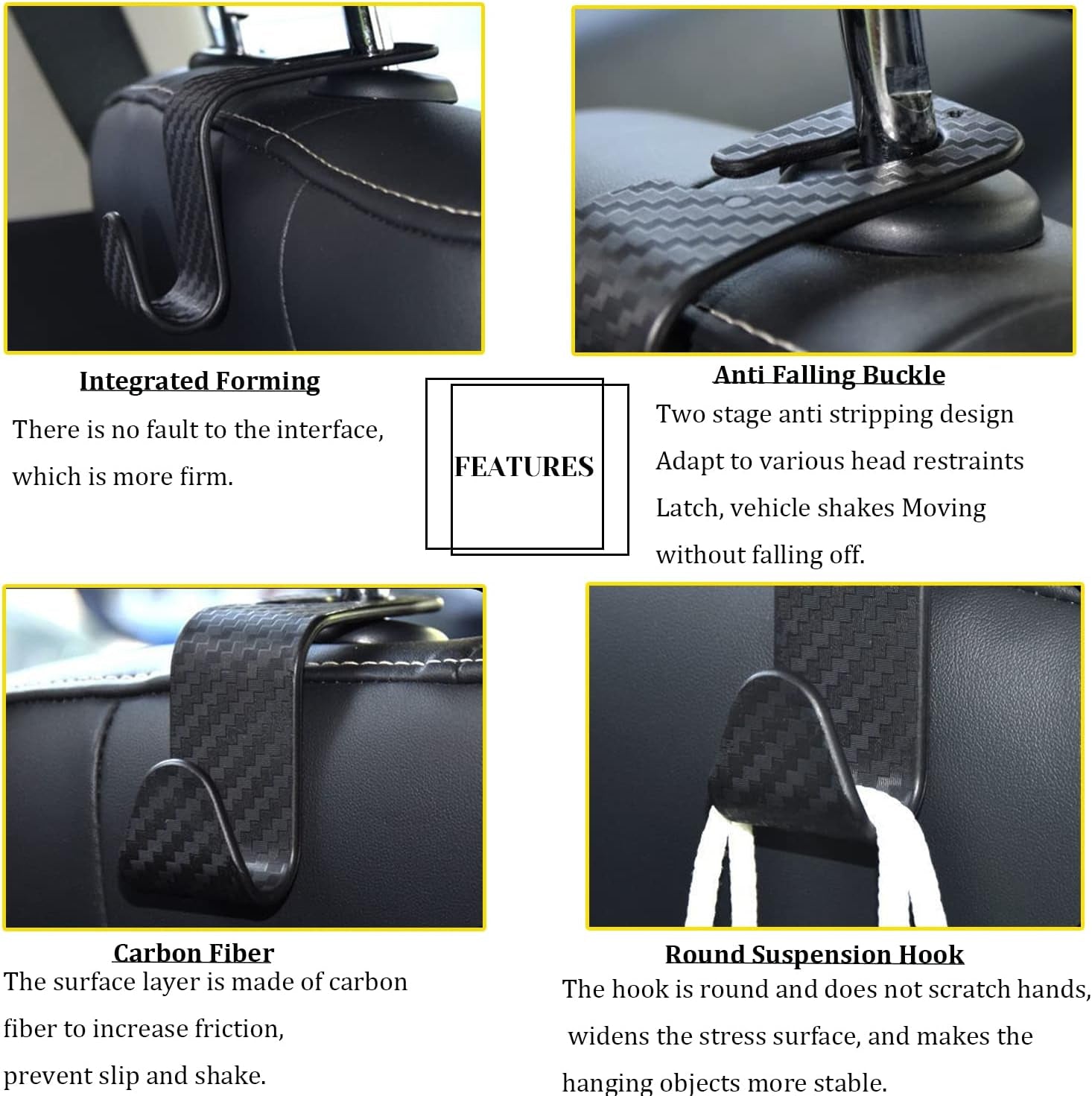 Car Headrest Hook for Purses and Bags 4 Packs, Back Seat Headrest Hanger,Universal Vehicle Storage Organizer(Carbon Fiber,4Pcs)