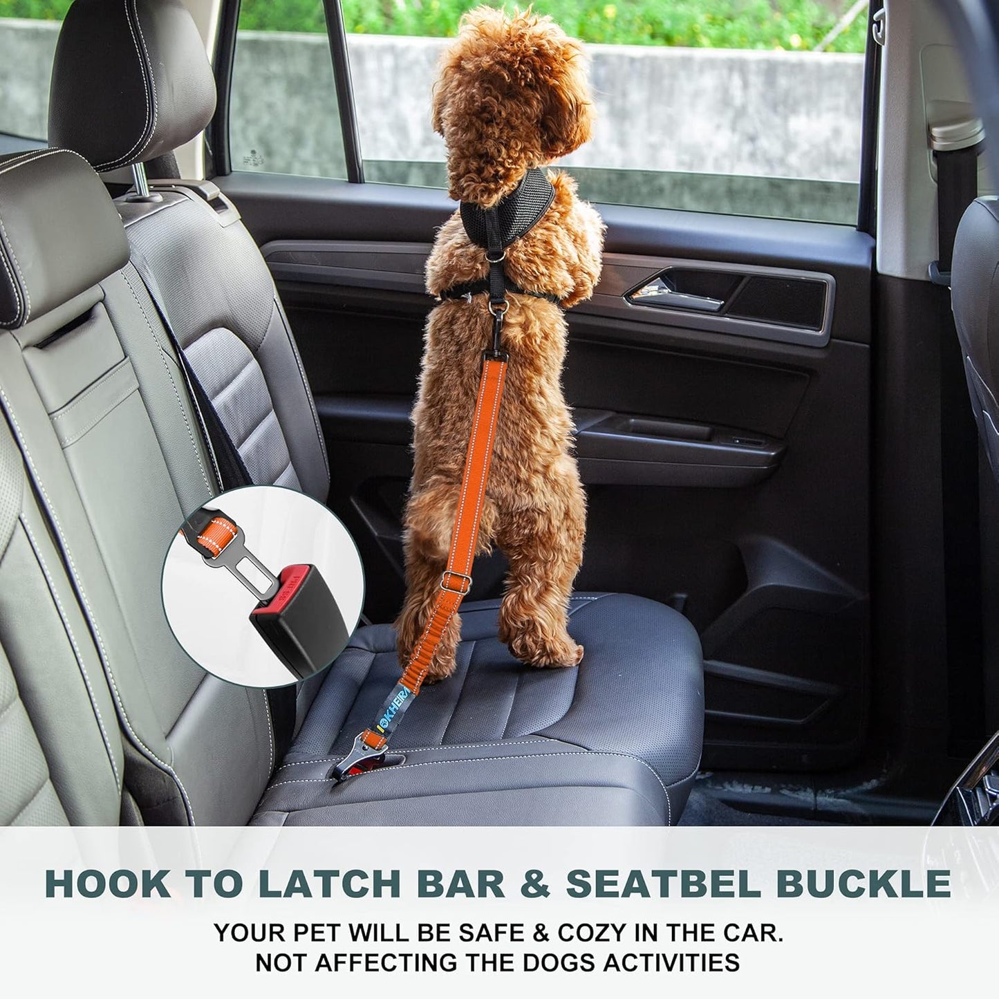 Dog Seat Belt 3-In-1 Car Harness for Dogs Adjustable Safety Seatbelt for Car Nylon Reflective Bungee Fabric Dog Car Harness with Clip Hook Latch & Buckle, Swivel Zinc Alloy Carabiner (Orange)