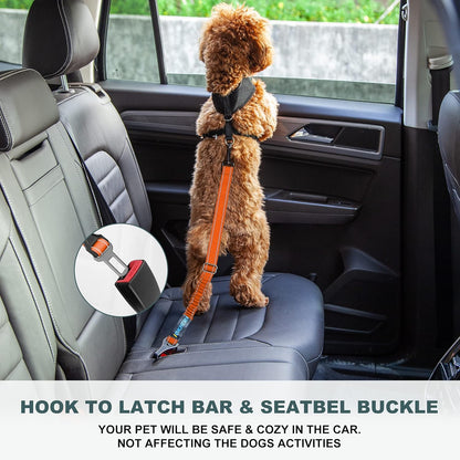 Dog Seat Belt 3-In-1 Car Harness for Dogs Adjustable Safety Seatbelt for Car Nylon Reflective Bungee Fabric Dog Car Harness with Clip Hook Latch & Buckle, Swivel Zinc Alloy Carabiner (Orange)