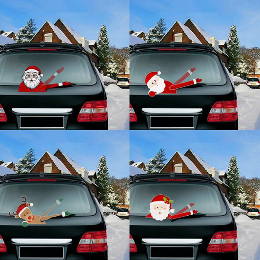 Car Window Wiper Sticker Xmas Santa Claus Cartoon Rear Windshield Window Waving Stickers Decals Car Christmas Accessories