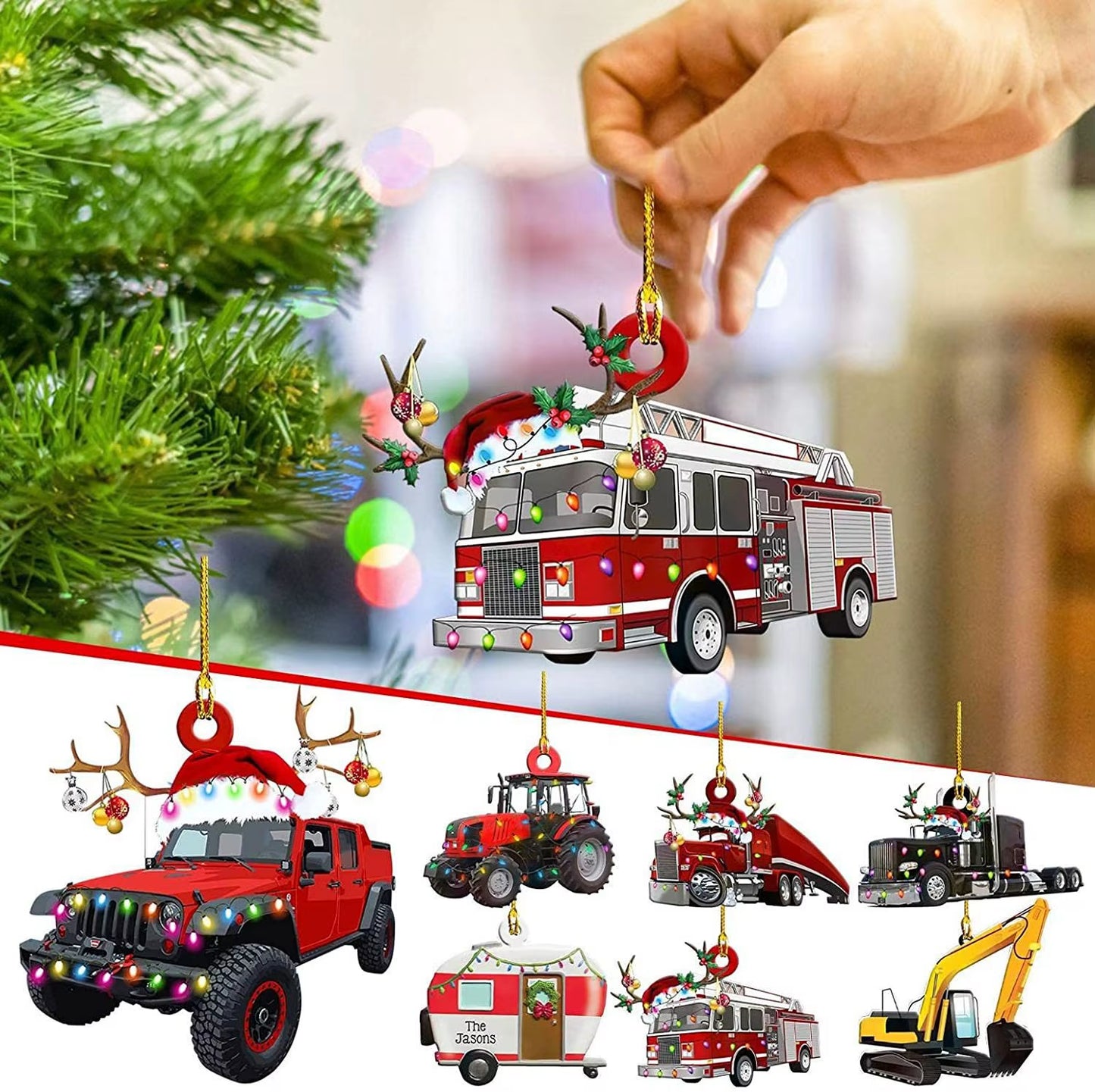 Truck Excavator Fire Truck Jeep Shape Hanging Decoration 2D Vivid Pattern Car Themed Acrylic Flat Pendant for Auto Interior