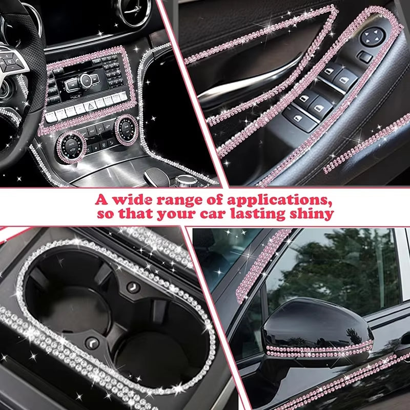 Pink Bling Car Trim Self-Adhesive 16.4Ft Rhinestone Car Interior Accessories for Women Car Crystal Door Stickers Car Dashboard D