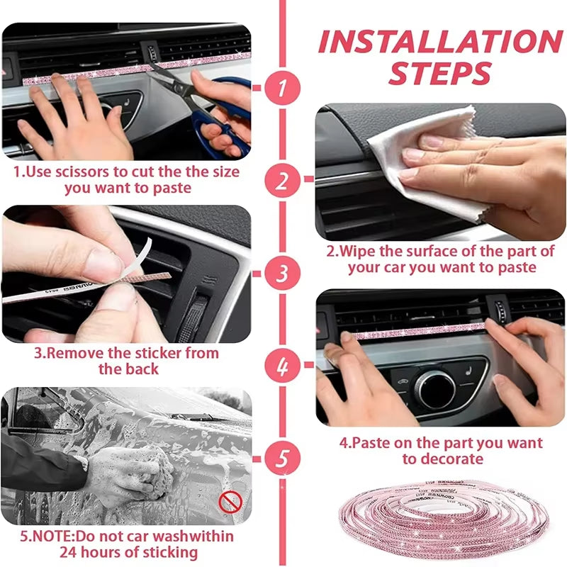 Pink Bling Car Trim Self-Adhesive 16.4Ft Rhinestone Car Interior Accessories for Women Car Crystal Door Stickers Car Dashboard D