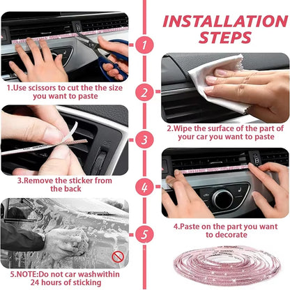 Pink Bling Car Trim Self-Adhesive 16.4Ft Rhinestone Car Interior Accessories for Women Car Crystal Door Stickers Car Dashboard D