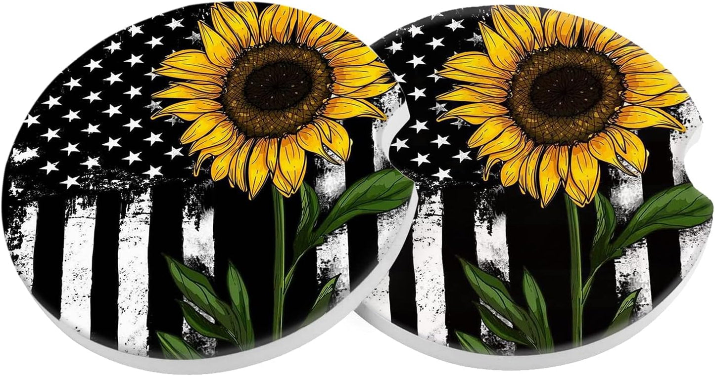 Car Coasters 2 Pack, Small 2.56" Stone Car Cupholder Absorbent Coaster Set for Women Men Drink Cup Holder Coasters (USA Flag)